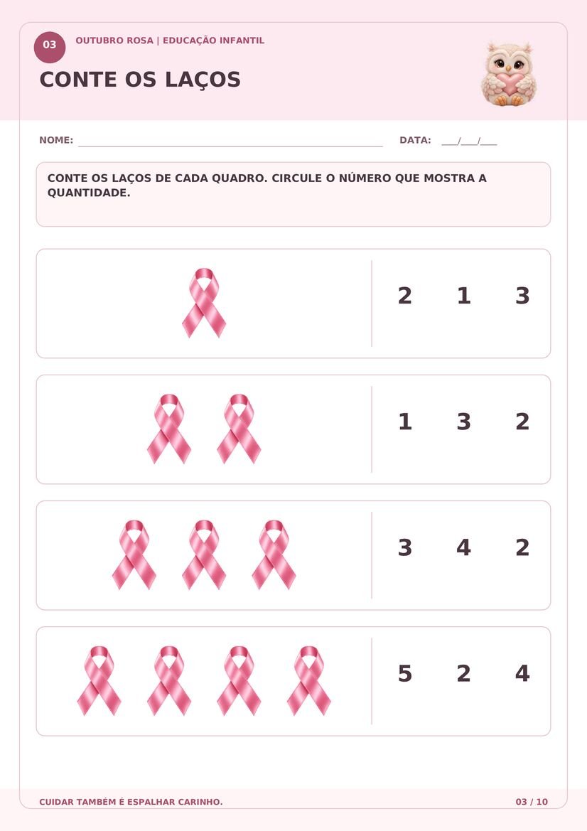 Atividade de matemática Outubro Rosa para contar laços e circular os números de 1 a 4